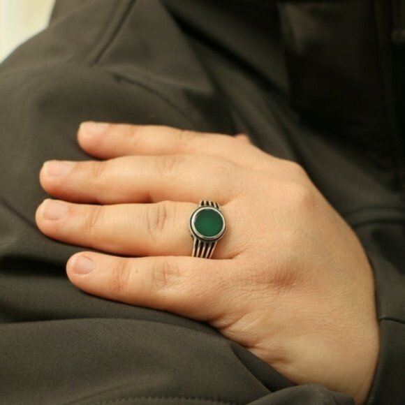 925 Sterling Silver Mens Rings Green Agate - Picture 3 of 7